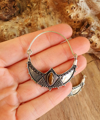 Tiger's Eye Silver Spiky Hoop Earrings Ethnic, rustic, yoga, hippie, gypsy, pretty, psy, boho, bohemian, festival