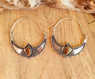 Tiger's Eye Silver Spiky Hoop Earrings Ethnic, rustic, yoga, hippie, gypsy, pretty, psy, boho, bohemian, festival