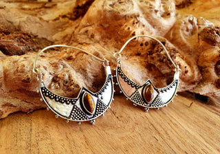 Tiger's Eye Silver Spiky Hoop Earrings Ethnic, rustic, yoga, hippie, gypsy, pretty, psy, boho, bohemian, festival