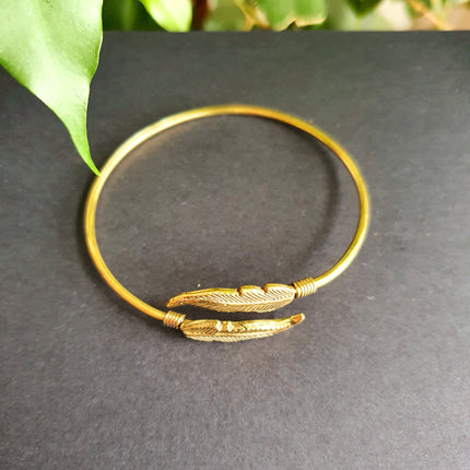 Golden Feather Bracelet / Bangle / Brass / Nature / Birds / Garden / Ethnic / Rustic / Bohemian / Hippie / Gypsy / Jewellery / Adjustable