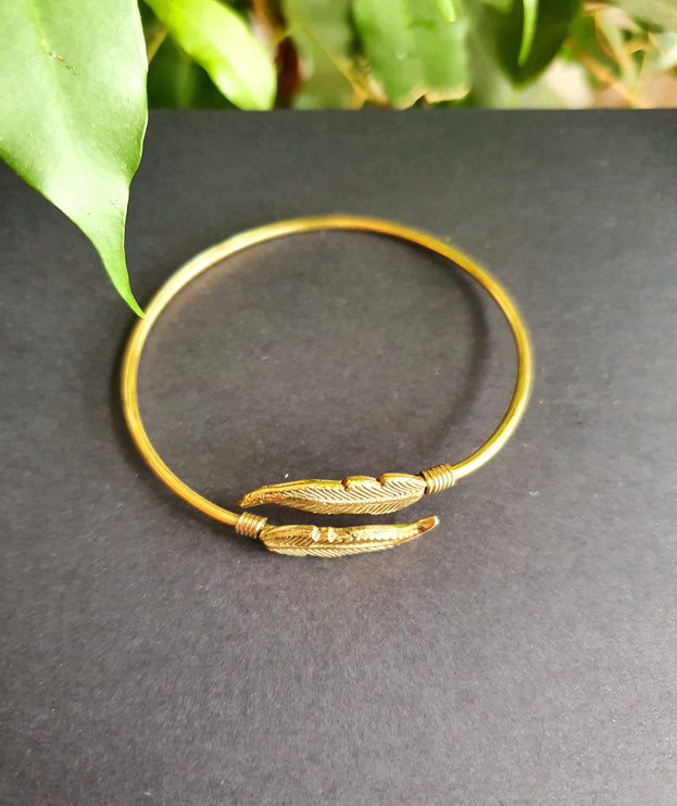 Golden Feather Bracelet / Bangle / Brass / Nature / Birds / Garden / Ethnic / Rustic / Bohemian / Hippie / Gypsy / Jewellery / Adjustable