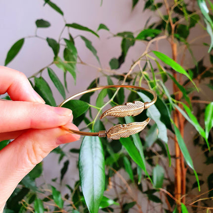 Golden Feather Bracelet / Bangle / Brass / Nature / Birds / Garden / Ethnic / Rustic / Bohemian / Hippie / Gypsy / Jewellery / Adjustable