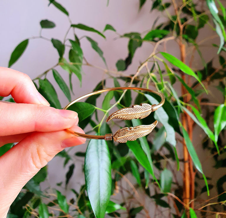 Golden Feather Bracelet / Bangle / Brass / Nature / Birds / Garden / Ethnic / Rustic / Bohemian / Hippie / Gypsy / Jewellery / Adjustable