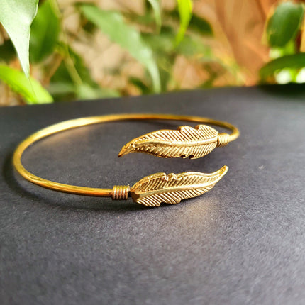 Golden Feather Bracelet / Bangle / Brass / Nature / Birds / Garden / Ethnic / Rustic / Bohemian / Hippie / Gypsy / Jewellery / Adjustable