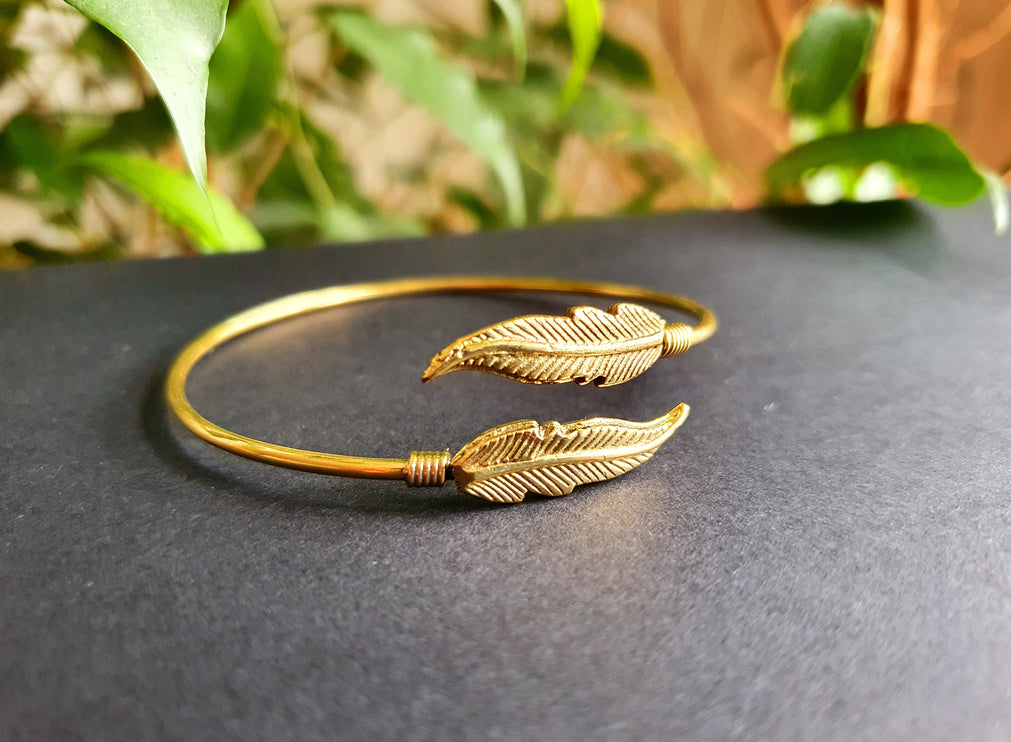 Golden Feather Bracelet / Bangle / Brass / Nature / Birds / Garden / Ethnic / Rustic / Bohemian / Hippie / Gypsy / Jewellery / Adjustable