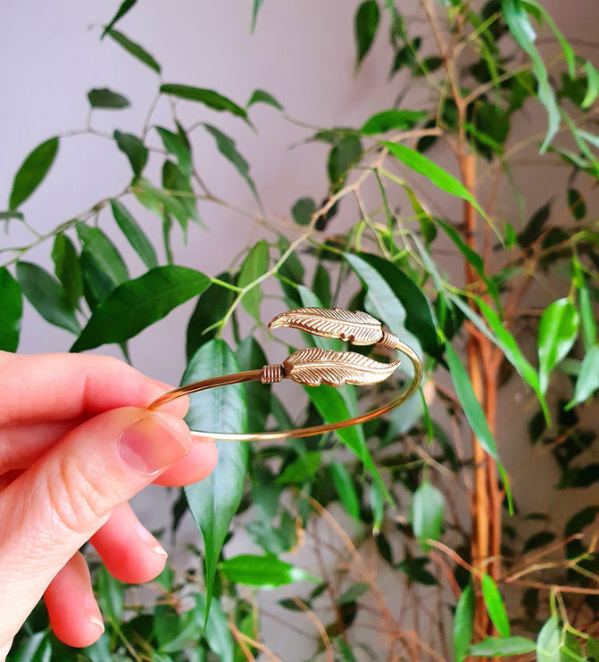 Golden Feather Bracelet / Bangle / Brass / Nature / Birds / Garden / Ethnic / Rustic / Bohemian / Hippie / Gypsy / Jewellery / Adjustable