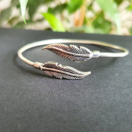 Silver Feather Bracelet / Bangle / Brass / Nature / Birds / Garden / Ethnic / Rustic / Bohemian / Hippie / Gypsy / Jewellery / Adjustable