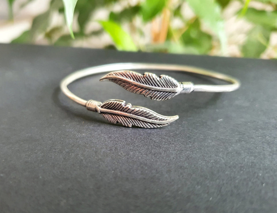 Silver Feather Bracelet / Bangle / Brass / Nature / Birds / Garden / Ethnic / Rustic / Bohemian / Hippie / Gypsy / Jewellery / Adjustable