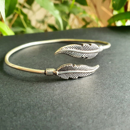 Silver Feather Bracelet / Bangle / Brass / Nature / Birds / Garden / Ethnic / Rustic / Bohemian / Hippie / Gypsy / Jewellery / Adjustable