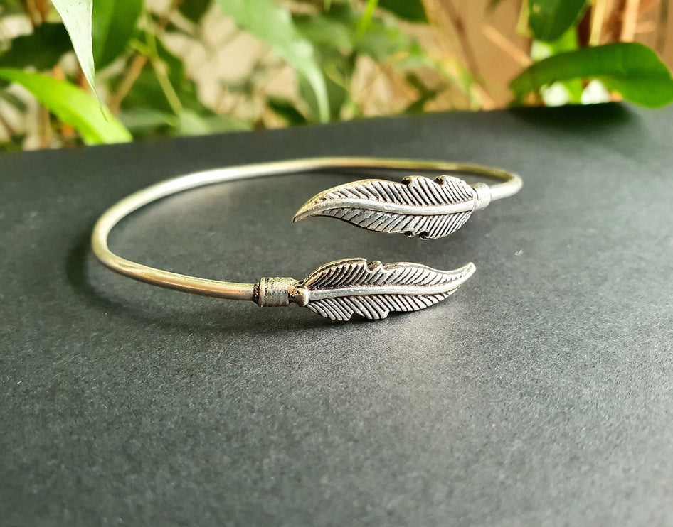 Silver Feather Bracelet / Bangle / Brass / Nature / Birds / Garden / Ethnic / Rustic / Bohemian / Hippie / Gypsy / Jewellery / Adjustable