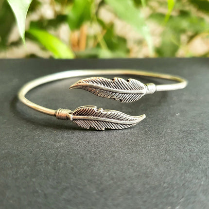 Silver Feather Bracelet / Bangle / Brass / Nature / Birds / Garden / Ethnic / Rustic / Bohemian / Hippie / Gypsy / Jewellery / Adjustable