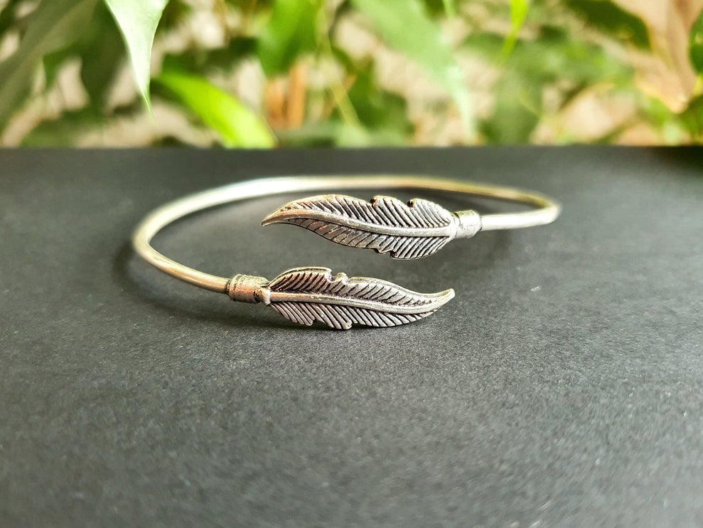 Silver Feather Bracelet / Bangle / Brass / Nature / Birds / Garden / Ethnic / Rustic / Bohemian / Hippie / Gypsy / Jewellery / Adjustable