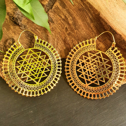 Sri Yantra Extra Large Earrings; Brass Ear Weights Boho Ethnic Rustic Indian Festival Psy Gypsy Spiral Hippie style