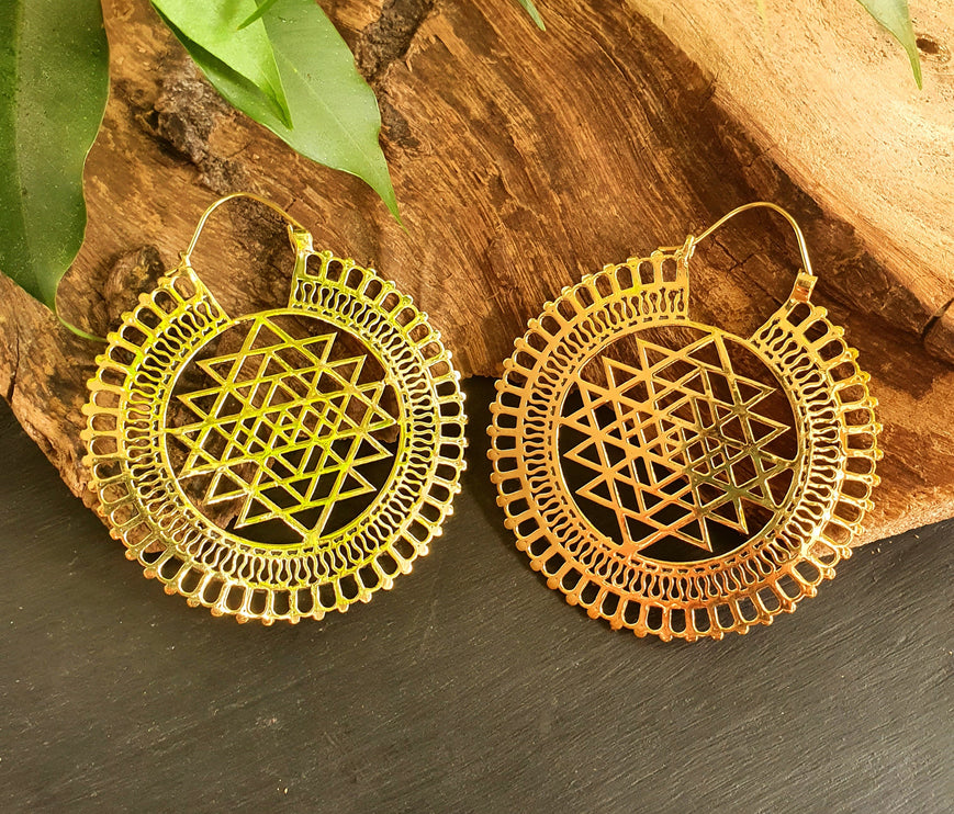 Sri Yantra Extra Large Earrings; Brass Ear Weights Boho Ethnic Rustic Indian Festival Psy Gypsy Spiral Hippie style