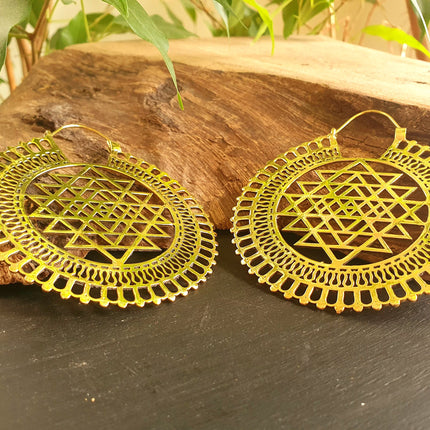 Sri Yantra Extra Large Earrings; Brass Ear Weights Boho Ethnic Rustic Indian Festival Psy Gypsy Spiral Hippie style