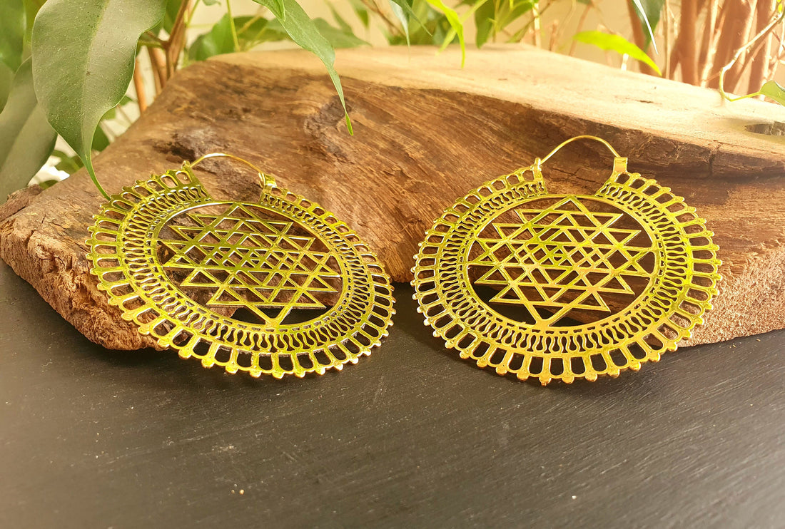 Sri Yantra Extra Large Earrings; Brass Ear Weights Boho Ethnic Rustic Indian Festival Psy Gypsy Spiral Hippie style