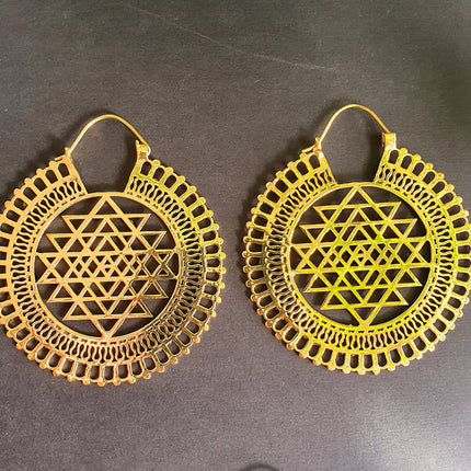 Sri Yantra Extra Large Earrings; Brass Ear Weights Boho Ethnic Rustic Indian Festival Psy Gypsy Spiral Hippie style