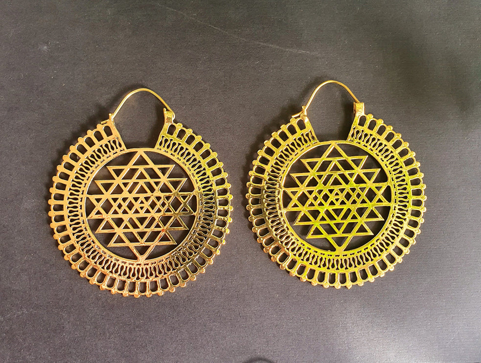 Sri Yantra Extra Large Earrings; Brass Ear Weights Boho Ethnic Rustic Indian Festival Psy Gypsy Spiral Hippie style