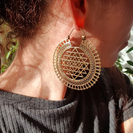 Sri Yantra Extra Large Earrings; Brass Ear Weights Boho Ethnic Rustic Indian Festival Psy Gypsy Spiral Hippie style