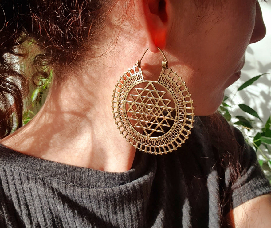 Sri Yantra Extra Large Earrings; Brass Ear Weights Boho Ethnic Rustic Indian Festival Psy Gypsy Spiral Hippie style