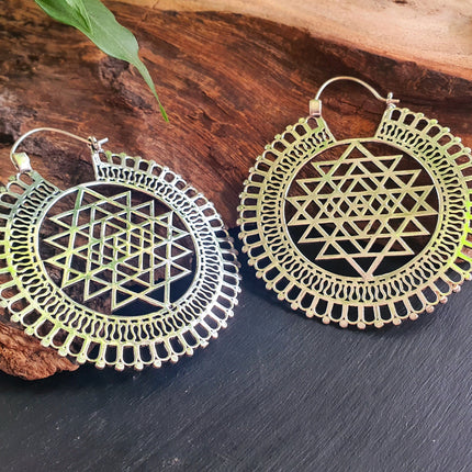 Sri Yantra Extra Large Silver Earrings; Brass Ear Weights Boho Ethnic Rustic Indian Festival Psy Gypsy Spiral Hippie style