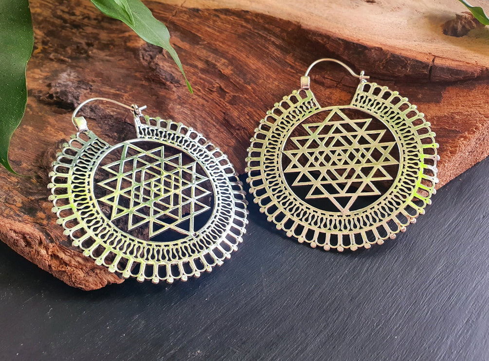 Sri Yantra Extra Large Silver Earrings; Brass Ear Weights Boho Ethnic Rustic Indian Festival Psy Gypsy Spiral Hippie style