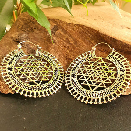 Sri Yantra Extra Large Silver Earrings; Brass Ear Weights Boho Ethnic Rustic Indian Festival Psy Gypsy Spiral Hippie style