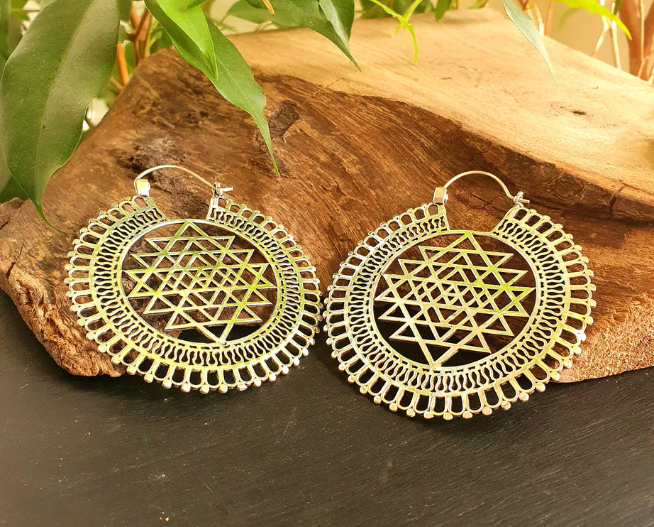 Sri Yantra Extra Large Silver Earrings; Brass Ear Weights Boho Ethnic Rustic Indian Festival Psy Gypsy Spiral Hippie style