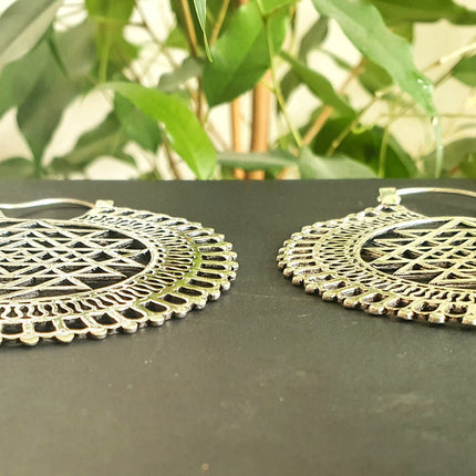 Sri Yantra Extra Large Silver Earrings; Brass Ear Weights Boho Ethnic Rustic Indian Festival Psy Gypsy Spiral Hippie style