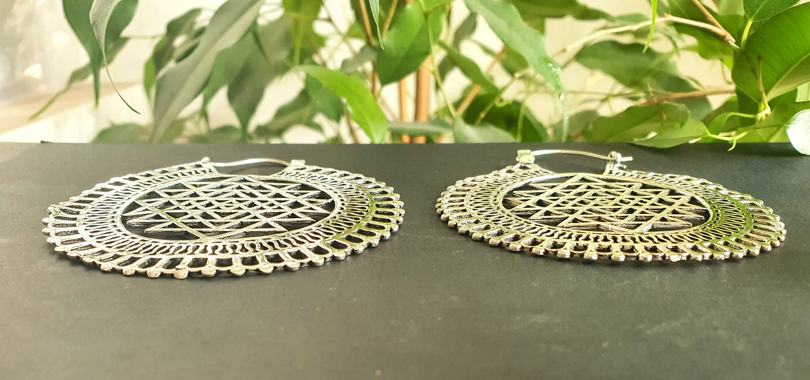 Sri Yantra Extra Large Silver Earrings; Brass Ear Weights Boho Ethnic Rustic Indian Festival Psy Gypsy Spiral Hippie style