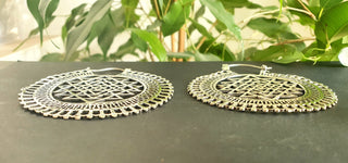 Sri Yantra Extra Large Silver Earrings; Brass Ear Weights Boho Ethnic Rustic Indian Festival Psy Gypsy Spiral Hippie style