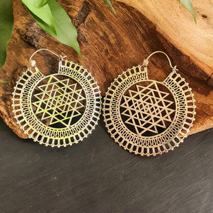 Sri Yantra Extra Large Silver Earrings; Brass Ear Weights Boho Ethnic Rustic Indian Festival Psy Gypsy Spiral Hippie style