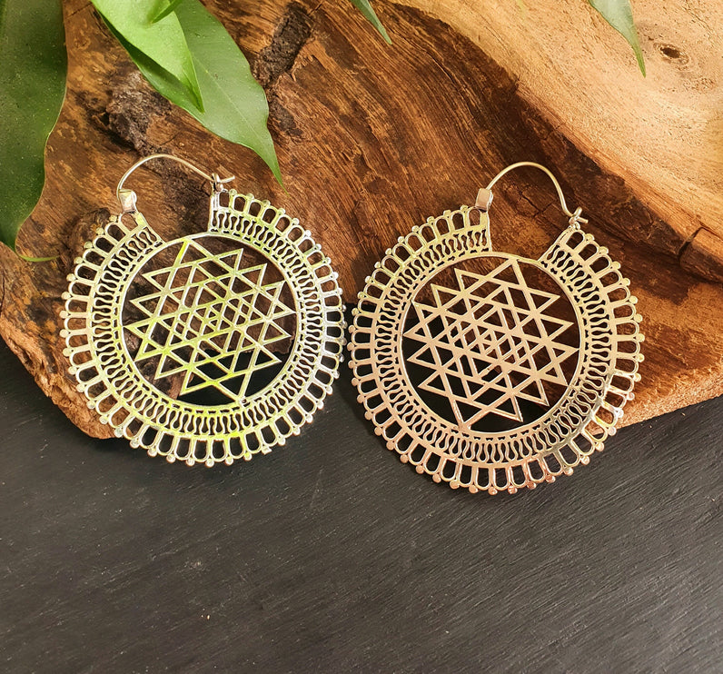 Sri Yantra Extra Large Silver Earrings; Brass Ear Weights Boho Ethnic Rustic Indian Festival Psy Gypsy Spiral Hippie style