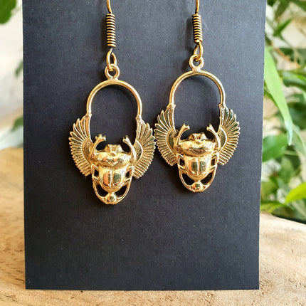 Golden Scarab Dangle Earrings Ancient Egypt ; Beetle Earrings, Drop; Ethnic, rustic, hippie, gypsy, pretty, psy, boho, bohemian, festival