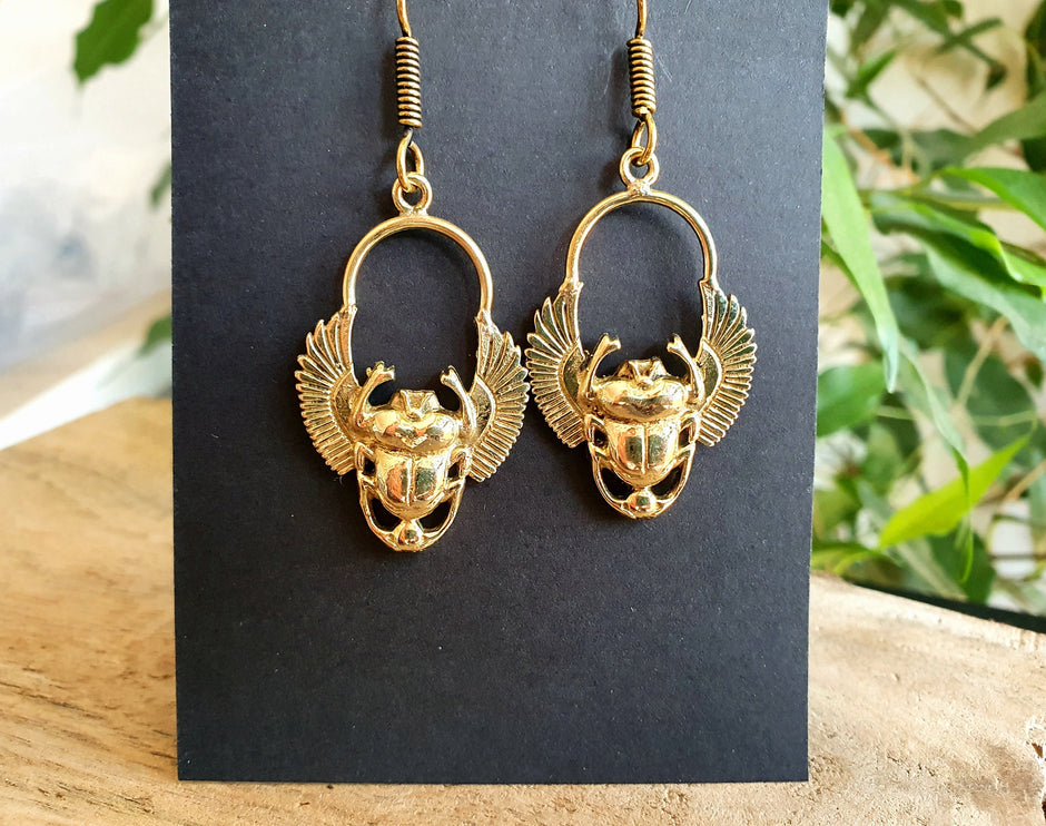 Golden Scarab Dangle Earrings Ancient Egypt ; Beetle Earrings, Drop; Ethnic, rustic, hippie, gypsy, pretty, psy, boho, bohemian, festival