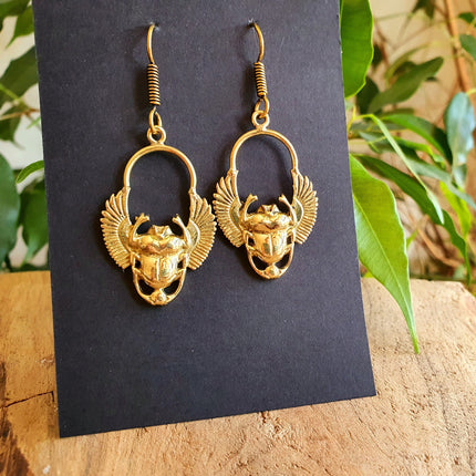 Golden Scarab Dangle Earrings Ancient Egypt ; Beetle Earrings, Drop; Ethnic, rustic, hippie, gypsy, pretty, psy, boho, bohemian, festival