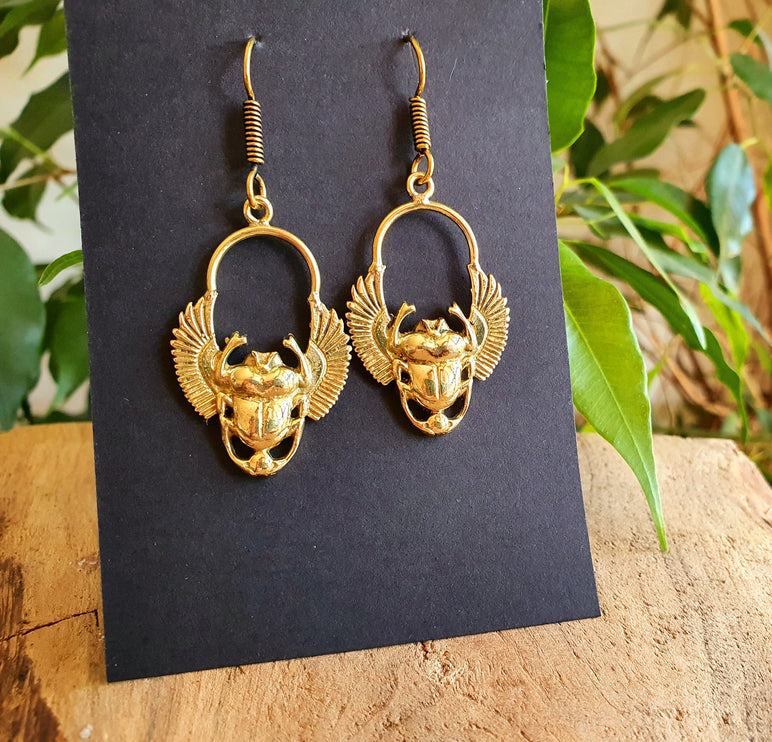 Golden Scarab Dangle Earrings Ancient Egypt ; Beetle Earrings, Drop; Ethnic, rustic, hippie, gypsy, pretty, psy, boho, bohemian, festival