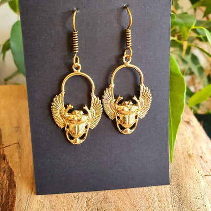 Golden Scarab Dangle Earrings Ancient Egypt ; Beetle Earrings, Drop; Ethnic, rustic, hippie, gypsy, pretty, psy, boho, bohemian, festival