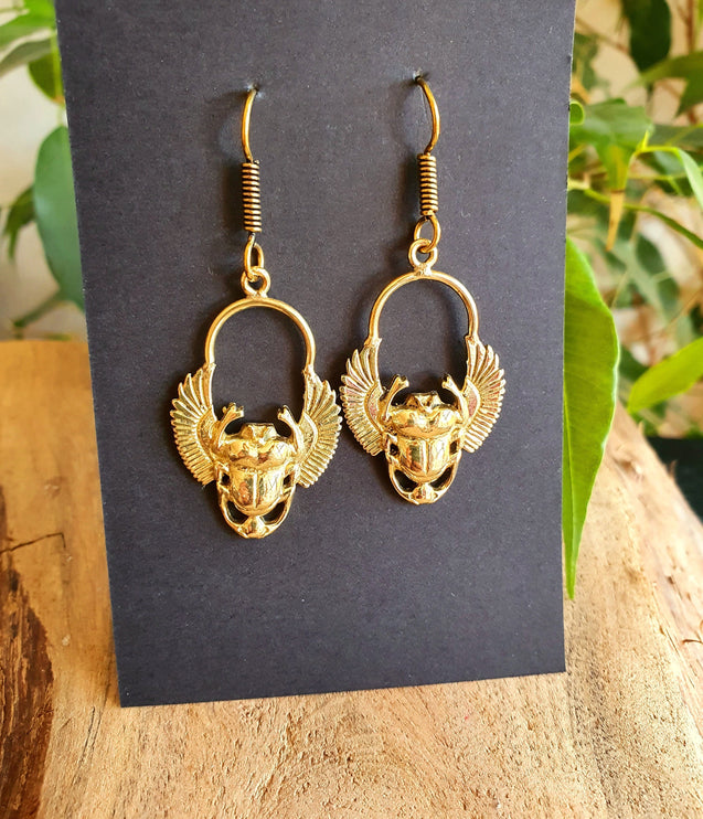 Golden Scarab Dangle Earrings Ancient Egypt ; Beetle Earrings, Drop; Ethnic, rustic, hippie, gypsy, pretty, psy, boho, bohemian, festival