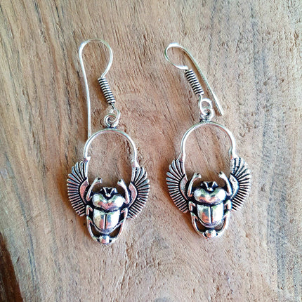 Silver Scarab Dangle Earrings Ancient Egypt ; Beetle Earrings, Drop; Ethnic, rustic, hippie, gypsy, pretty, psy, boho, bohemian, festival