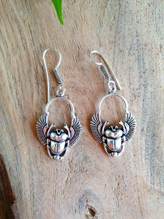 Silver Scarab Dangle Earrings Ancient Egypt ; Beetle Earrings, Drop; Ethnic, rustic, hippie, gypsy, pretty, psy, boho, bohemian, festival