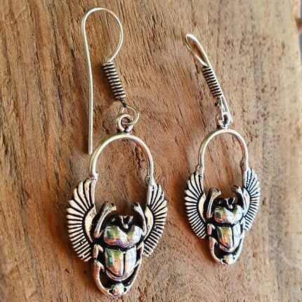 Silver Scarab Dangle Earrings Ancient Egypt ; Beetle Earrings, Drop; Ethnic, rustic, hippie, gypsy, pretty, psy, boho, bohemian, festival