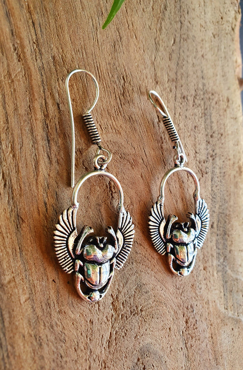 Silver Scarab Dangle Earrings Ancient Egypt ; Beetle Earrings, Drop; Ethnic, rustic, hippie, gypsy, pretty, psy, boho, bohemian, festival