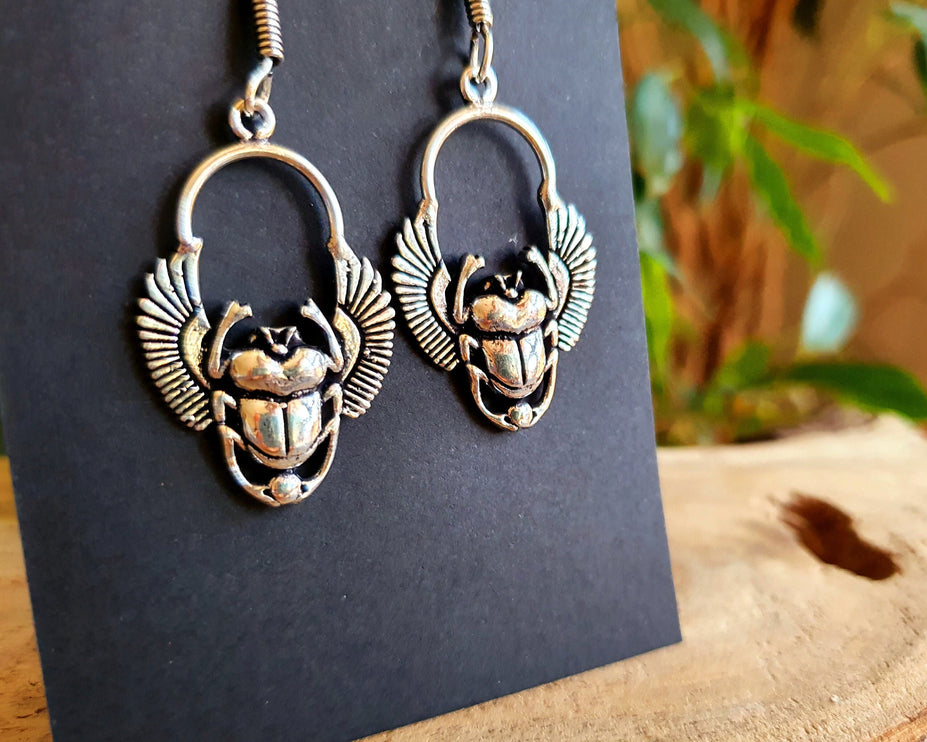 Silver Scarab Dangle Earrings Ancient Egypt ; Beetle Earrings, Drop; Ethnic, rustic, hippie, gypsy, pretty, psy, boho, bohemian, festival