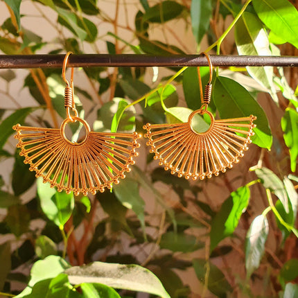 Large Gold Fan Drop Brass Earrings; Ethnic, Geometric, Small, Rustic, Yoga, Hippie, Gypsy, Pretty, Ssy, Boho, Bohemian, Festival