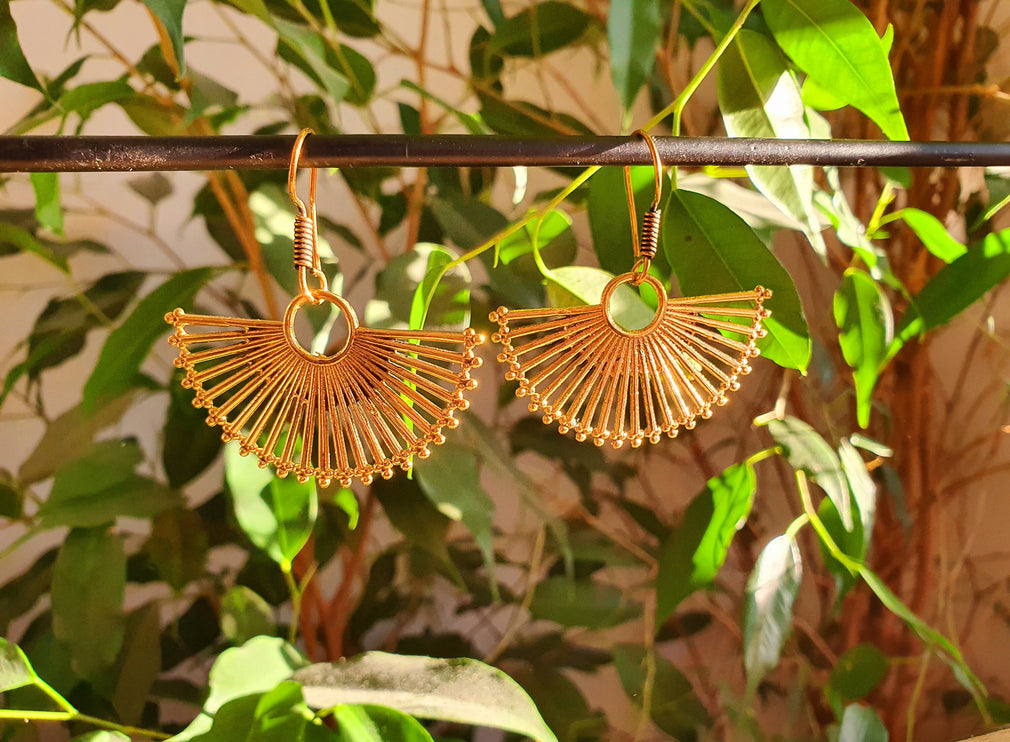 Large Gold Fan Drop Brass Earrings; Ethnic, Geometric, Small, Rustic, Yoga, Hippie, Gypsy, Pretty, Ssy, Boho, Bohemian, Festival