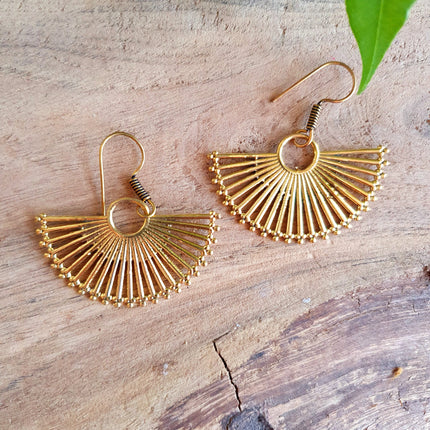 Large Gold Fan Drop Brass Earrings; Ethnic, Geometric, Small, Rustic, Yoga, Hippie, Gypsy, Pretty, Ssy, Boho, Bohemian, Festival