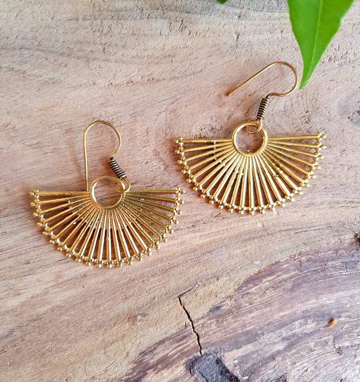 Large Gold Fan Drop Brass Earrings; Ethnic, Geometric, Small, Rustic, Yoga, Hippie, Gypsy, Pretty, Ssy, Boho, Bohemian, Festival