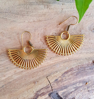 Large Gold Fan Drop Brass Earrings; Ethnic, Geometric, Small, Rustic, Yoga, Hippie, Gypsy, Pretty, Ssy, Boho, Bohemian, Festival