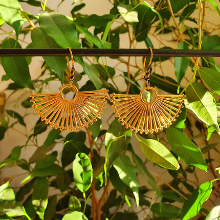 Large Gold Fan Drop Brass Earrings; Ethnic, Geometric, Small, Rustic, Yoga, Hippie, Gypsy, Pretty, Ssy, Boho, Bohemian, Festival